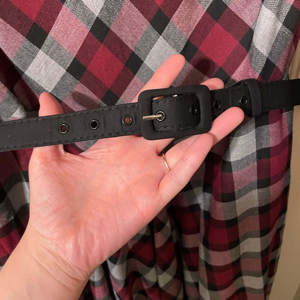 Unique Vintage Red Gray Black Plaid Fit-and-Flare Dress - Picture 4 of 6